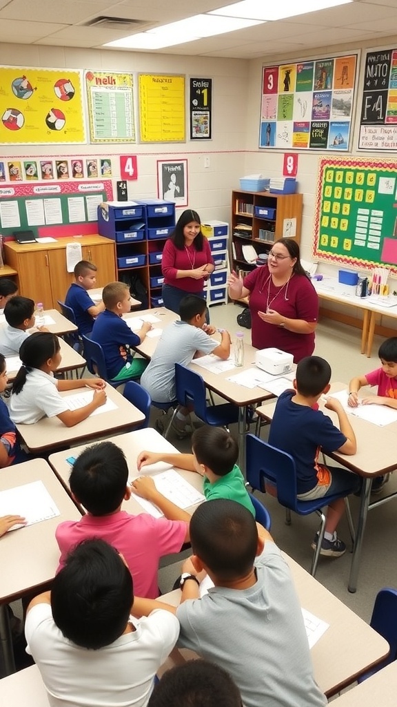 A lively 4th grade classroom with students participating in math and science activities.